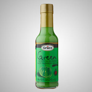 Grace Green Scotch Bonnet Hot Pepper Sauce is a homemade recipe of selected green scotch bonnet peppers. 4.8 oz